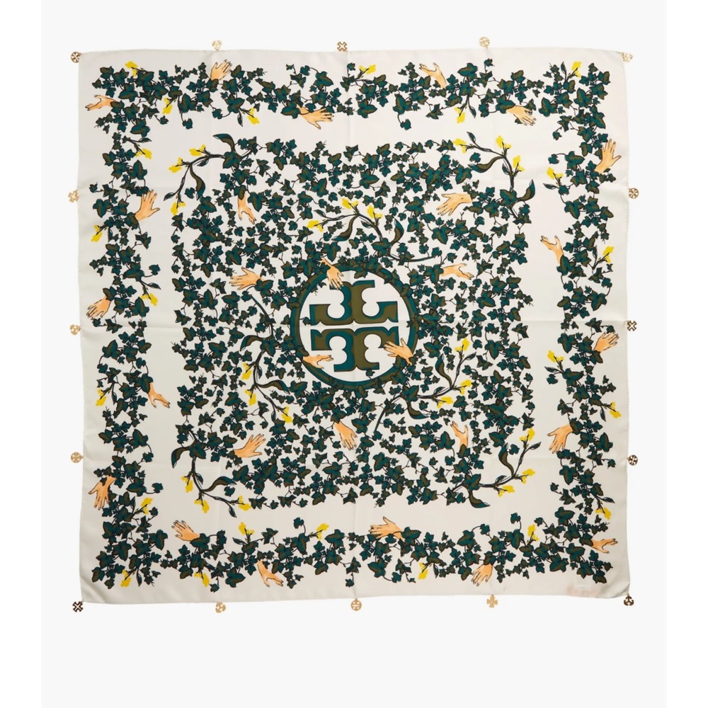 TORY BURCH DAISY VINE MEDALLION CHARM SILK SQUARE SCARF - Picture 2 of 9